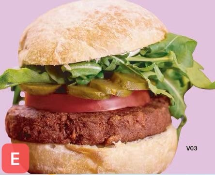E) VEGAN BURGER 株肉素食汉堡 配有芝麻菜，番茄，酸黄瓜和洋葱