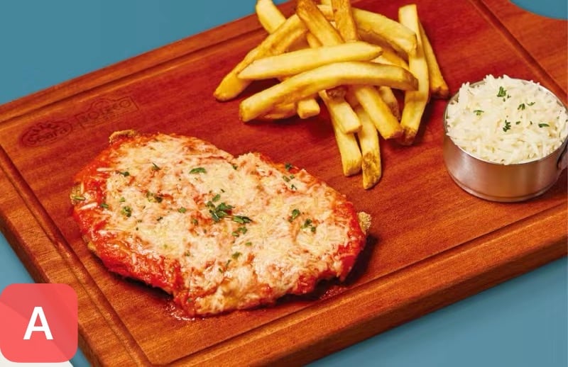 A) BEEF STEAK PARMIGIANA 巴西米兰牛排 炸牛排 淋番茄酱和奶酪配米饭和薯条或番茄沙拉